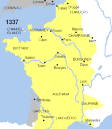 Hundred Years' War evolution. French territory: yellow; English: grey; Burgundian: dark grey. Hundred years war.gif