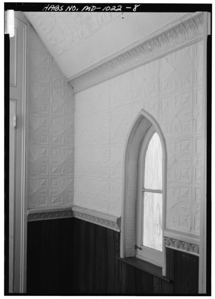 File:INTERIOR VIEW IN SOUTH (FRONT) VESTIBULE, LOOKING SOUTHWEST AT WINDOW AND PRESSED-TIN WALLS AND DETAILING - St. Joseph's Chapel, Ammendale Road, Beltsville, Prince George's County HABS MD,17-BELTV,2-8.tif