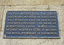 Plaque marking the founding of the Infirmary Infirmary Street plaque - geograph.org.uk - 1349951.jpg