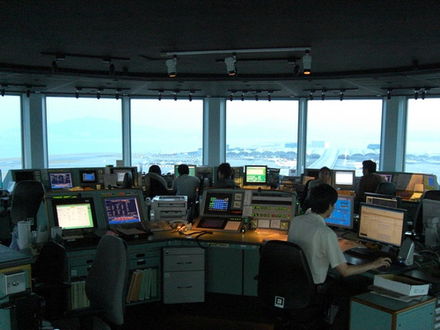 The interior of the airport control tower