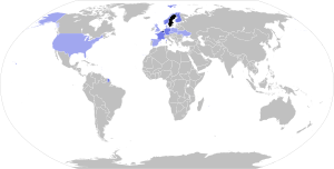 World map highlighting the 12 countries visited by Magdalena Andersson during her premiership
.mw-parser-output .legend{page-break-inside:avoid;break-inside:avoid-column}.mw-parser-output .legend-color{display:inline-block;min-width:1.25em;height:1.25em;line-height:1.25;margin:1px 0;text-align:center;border:1px solid black;background-color:transparent;color:black}.mw-parser-output .legend-text{}
Sweden
One visit
Two visits
Six visits International trips made by Magdalena Andersson.svg