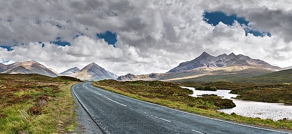 Views of the Cuillin Mountains on the A863 towards Sligachan on the Isle of Skye, Scotland.