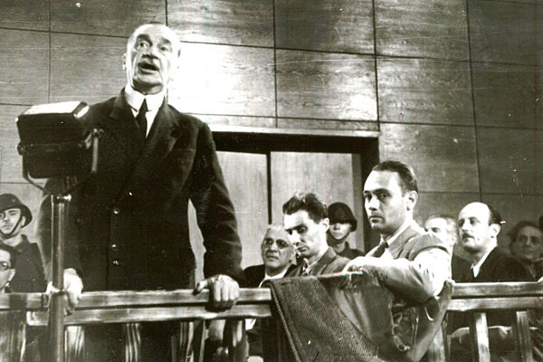 Maniu interrogated at his show trial in November 1947