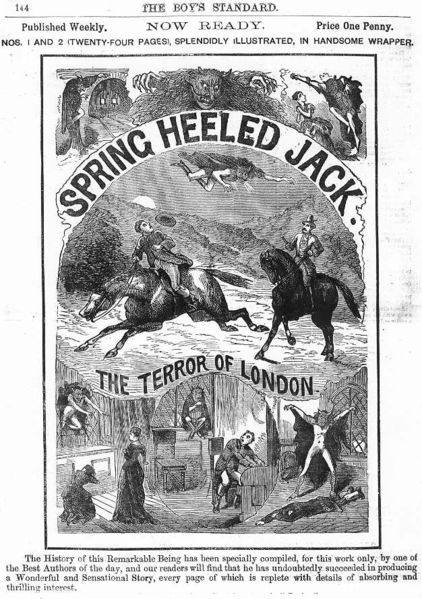 Advertisement for an 1886 penny dreadful of Spring-heeled Jack, “the terror of London”