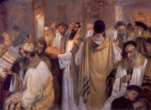 Jews praying on Yom Kippur by Jakub Weinles. In the collection of the Warsaw National Museum.