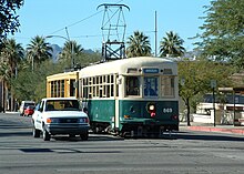 Japanese car and Belgian car on the heritage line in 2003 Japanese and Belgian streetcars on Tucson's Old Pueblo Trolley line.jpg