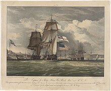 USS Chesapeake flying the Stars and Stripes below the White Ensign after her capture by HMS Shannon John Christian Schetky, H.M.S. Shannon Leading Her Prize the American Frigate Chesapeake into Halifax Harbour (c. 1830, with border).jpg