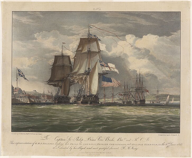 File:John Christian Schetky, H.M.S. Shannon Leading Her Prize the American Frigate Chesapeake into Halifax Harbour (c. 1830, with border).jpg