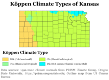 Koppen climate types of Kansas, using 1991-2020 climate normals. Koppen Climate Types Kansas.png