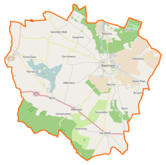 Mapa konturowa gminy Kaźmierz, u góry nieco na prawo znajduje się owalna plamka nieco zaostrzona i wystająca na lewo w swoim dolnym rogu z opisem „Radzyny”