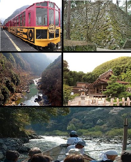 Top left: A sightseeing train at Sagano Sightseeing Line, Top right: Kameoka Castle site, Middle left: Hozu Valley, Middle right: Kameoka Izumo Shrine