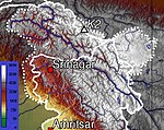 Topografska karta Džamu in Kašmirja (Kašmirska dolina, območje Džamu in območje Ladaka je vidno po višini)