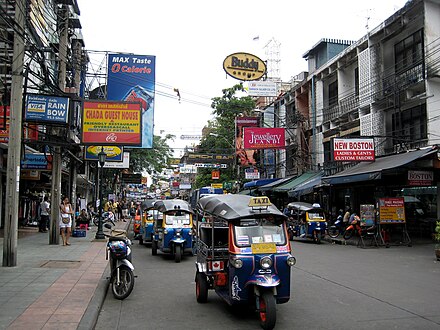 Khao San Road in Bangkok, Thailand, a notable stop on the Banana Pancake Trail