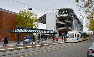 Kings Hills MAX station with Providence Park undergoing renovation in background, April 2019.jpg