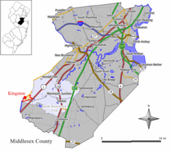 Map of Kingston showing section in Middlesex County. Inset: Location of Middlesex County in New Jersey.