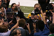 Les Miles celebrates his team's victory in the 2008 BCS National Championship Game. Miles is now 1-1 in BCS National Championship games. LSU OSU 4.JPG