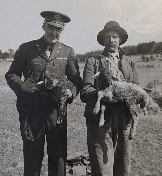 File:LTC Stanley Andrews in Bavaria with a Hungarian refugee and his lambs in late 1945.jpg