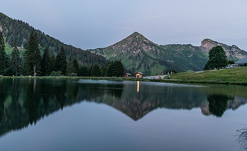 Lac des Mines d'Or (Pointe d'Angolon in the background) in commune of Morzine, Haute-Savoie, France