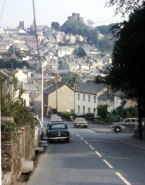 Town centre in 1973 from Saint Stephen's Hill showing the prominent Launceston Castle
