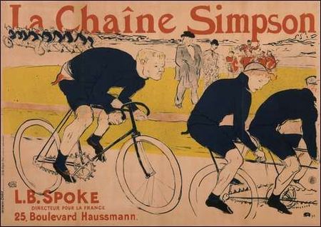 Fail:Lautrec poster, Huret using a Simpson chain behind the Gladiator tandem pacer at Velodrome de la Seine circa 1890.jpg