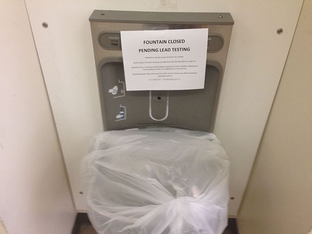 Water fountain at Jefferson High School with sign saying it is closed for lead testing