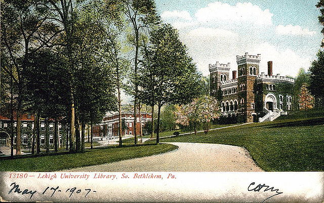An illustrated postcard of Lehigh University's campus in Bethlehem, Pennsylvania in 1907