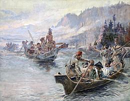 In October 1805, Jefferson's Corps of Discovery meet the Chinook tribe on the Columbia River, Painting by Charles Marion Russell, 1905 Lewis and clark-expedition.jpg