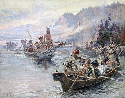 In October 1805, Jefferson's Corps of Discovery meet the Chinook tribe on the Columbia River, Painting by Charles Marion Russell, 1905