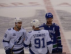 Stamkos with Ryan Callahan (left) and Henrik Sedin (right) during a game against the Vancouver Canucks, February 2018 Lightning vs Canucks (25210898977).jpg
