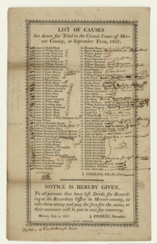 Public notice to "all persons that have left deeds for recording at the Recorders Office in Mercer County", Pennsylvania, July 4, 1807 List of causes set down for trail in the Circuit Court of Mercer County, at September term, 1807.png