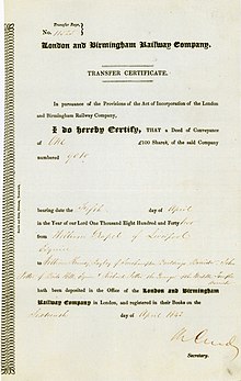 Transfer certificate of the London and Birmingham Railway Company, issued 16. April 1842 London and Birmingham Railway 1842.jpg