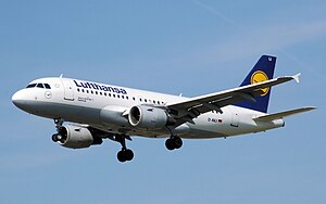 Lufthansa A319-114 (D-AILI) landing at London Heathrow Airport.jpg