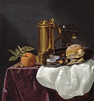 Nature morte aux huîtres, pain, orange posés sur une nappe, Simon Luttichuys