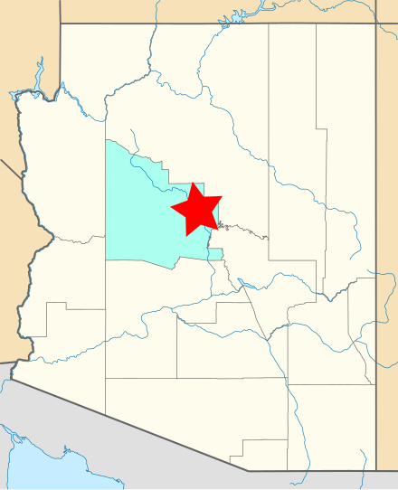 The Yavapai-Apache reservations are five small areas in eastern Yavapai County Arizona. The red star indicates the approximate area of those reservations. Map of Arizona indicating Yavapai-Apache reservations.svg