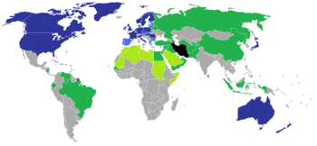 Map of countries by reaction to the 2009 presidential election
.mw-parser-output .legend{page-break-inside:avoid;break-inside:avoid-column}.mw-parser-output .legend-color{display:inline-block;min-width:1.25em;height:1.25em;line-height:1.25;margin:1px 0;text-align:center;border:1px solid black;background-color:transparent;color:black}.mw-parser-output .legend-text{}
Iran
Countries that have welcomed the results
Arab League members that have not reacted publicly to the results (the Arab League has welcomed the results)
European Union members that have not reacted publicly to the results (the EU has expressed doubts over the results)
Countries that have expressed doubts over the results
No data Map of the Iranian Presidential election of 2009 international responses.png