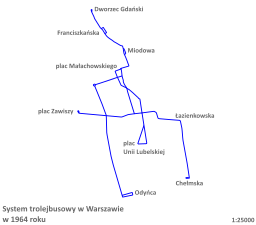 Mapa první trolejbusové sítě ve Varšavě