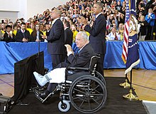 Menino, with Governor Deval Patrick and President Barack Obama at an event following the Boston Marathon Bombing Mayor Thomas M. Menino with President Barack Obama and Governor Deval Patrick after the Boston Marathon Interfaith Healing Service (22604315995) (1).jpg