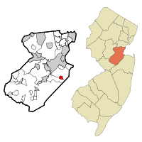 Map of Brownville CDP in Middlesex County. Inset: Location of Middlesex County in New Jersey.