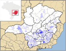 Bevölkerungsdichte von Minas Gerais.


﻿0–25 Ew./km²﻿25–50 Ew./km²﻿50–100 Ew./km²

﻿100–150 Ew./km²﻿150–200 Ew./km²﻿200–300 Ew./km²

﻿300–400 Ew./km²﻿400–500 Ew./km²﻿> 500 Ew./km²