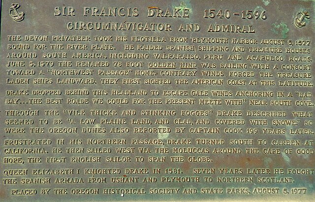 Monument near Coos Bay, Oregon, of Francis Drake's first North American Encounter. Plaque by Oregon State Parks and Oregon Historical Society.