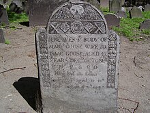 Mary Goose's gravestone in Granary Burying Ground is shown to tourists in Boston, Massachusetts. Mother Goose Grave Boston.jpg