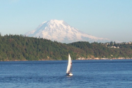Snow-capped peaks are a backdrop to many Puget Sound scenes; here Mount Rainier is seen from Gig Harbor.