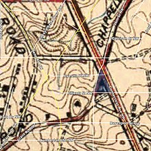 1917 United States Geological Survey topographic map, with modern streets overlaid. The location of Muhlenberg Park is highlighted in blue. Muhlenberg Park street map.jpg