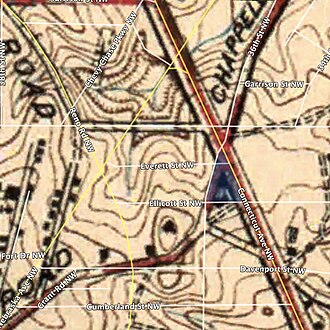 1917 United States Geological Survey topographic map, with modern streets overlaid. The location of Muhlenberg Park is highlighted in blue. Muhlenberg Park street map.jpg