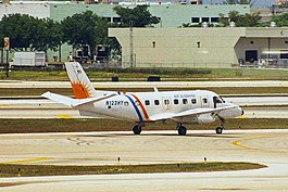 Embraer EMB-110 formerly operated by Air Sunshine N123HY EMB.110P1 Air Sunshine FLL 28APR00 (6852018399).jpg