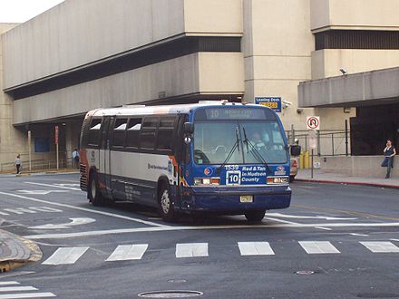 Changing public transportation use patterns, due in part to increased travel by light rail and jitney, led to several studies to evaluate bus circulation in Hudson County and to the cancelation of the #10 bus, seen here leaving the Journal Square Transportation Center