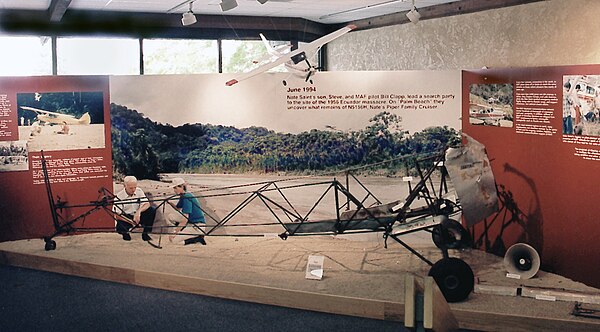 Nate Saint's aircraft was discovered in 1994, buried in the sand along the Curaray River. The frame was reconstructed and is now on display at the hea