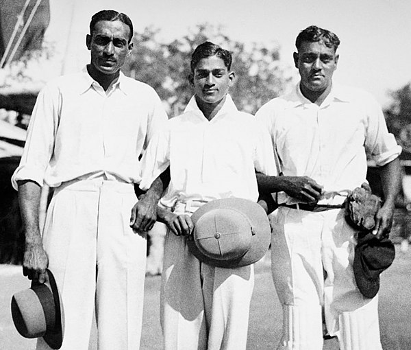 Left-right: C. K. Nayudu, C. S. Nayudu, and C. L. Nayudu in Indore c. 1934. All three brothers played competitive cricket.