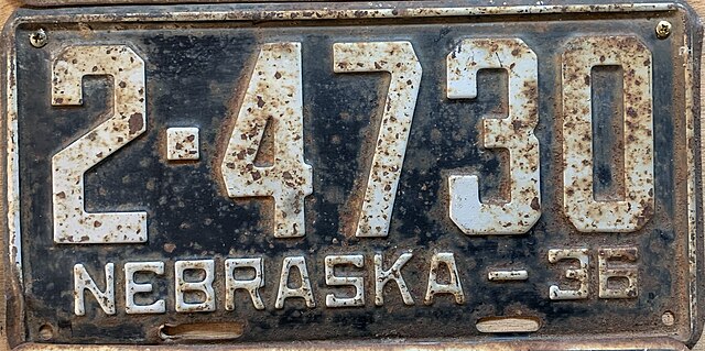 Image: Nebraska license plate 1936 from the private collection of Jim Smith