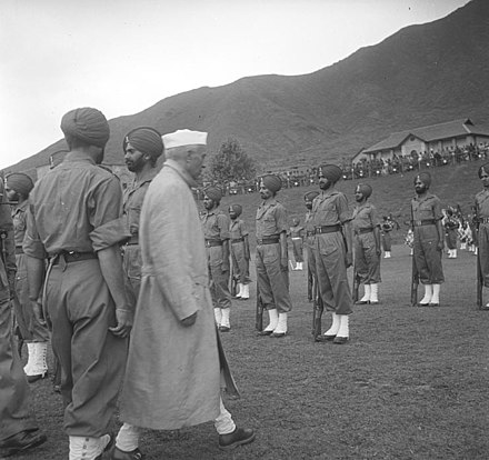 Nehru inspecting the troops on a visit to the Srinagar Brigade Headquarters Military Hospital, April 1948